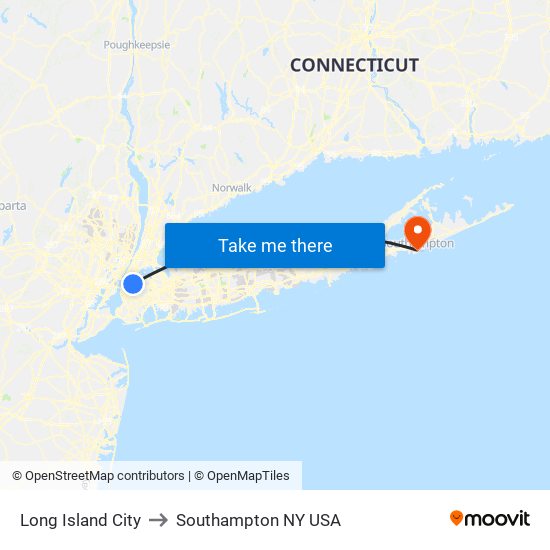 Long Island City to Southampton NY USA map