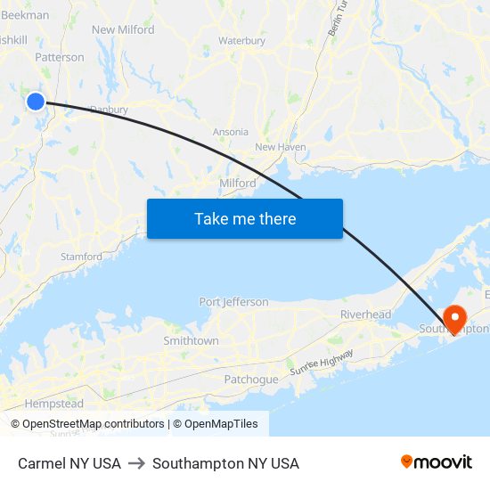 Carmel NY USA to Southampton NY USA map