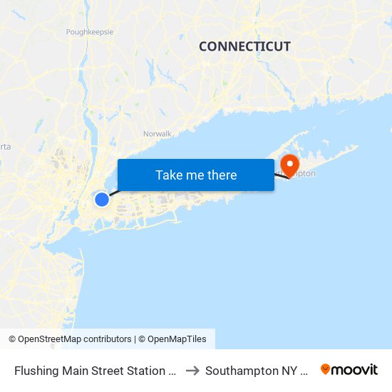 Flushing Main Street Station LIRR to Southampton NY USA map