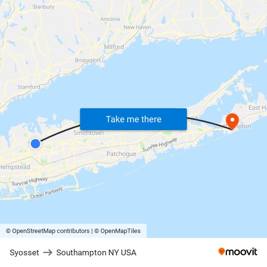 Syosset to Southampton NY USA map