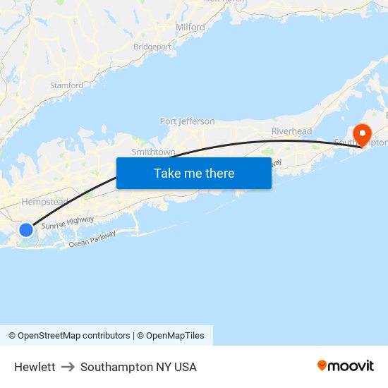 Hewlett to Southampton NY USA map