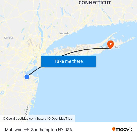 Matawan to Southampton NY USA map