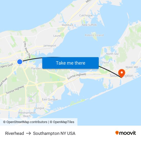 Riverhead to Southampton NY USA map