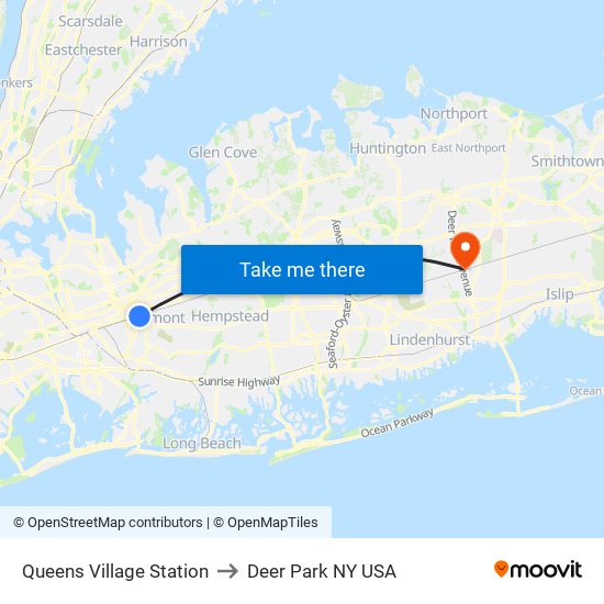 Queens Village Station to Deer Park NY USA map