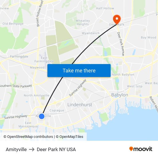 Amityville to Deer Park NY USA map