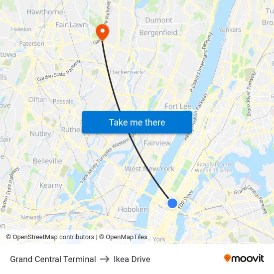 Grand Central Terminal to Ikea Drive map