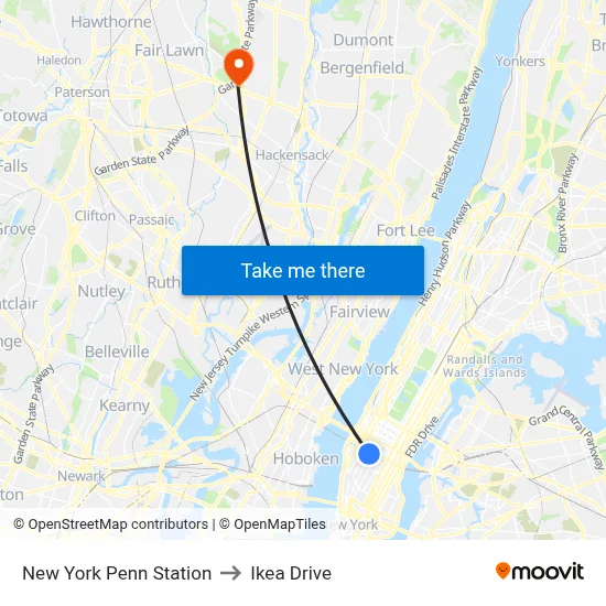 New York Penn Station to Ikea Drive map