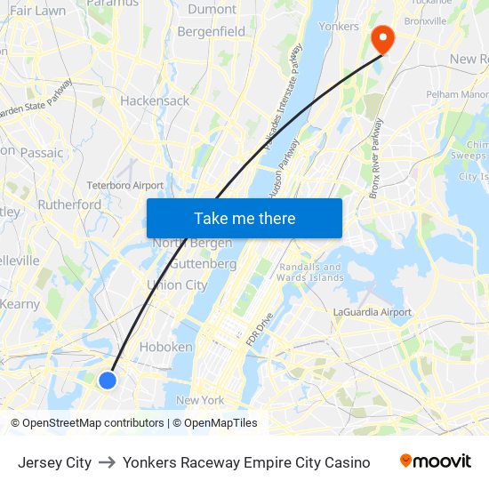 Jersey City to Yonkers Raceway Empire City Casino map