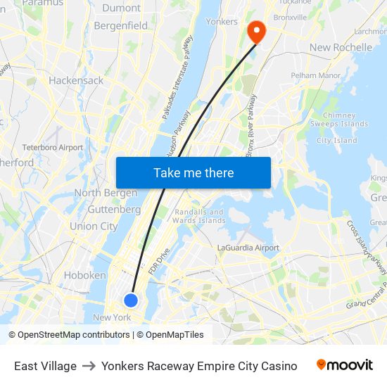 East Village to Yonkers Raceway Empire City Casino map