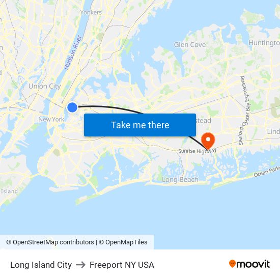 Long Island City to Freeport NY USA map