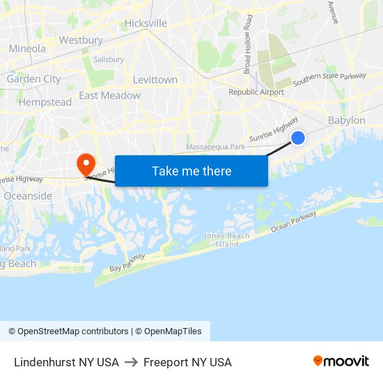 Lindenhurst NY USA to Freeport NY USA map