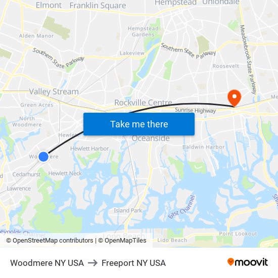 Woodmere NY USA to Freeport NY USA map