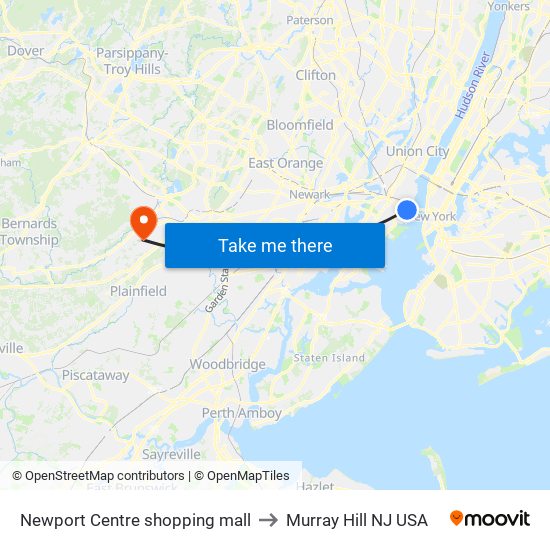 Newport Centre shopping mall to Murray Hill NJ USA map