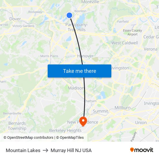 Mountain Lakes to Murray Hill NJ USA map