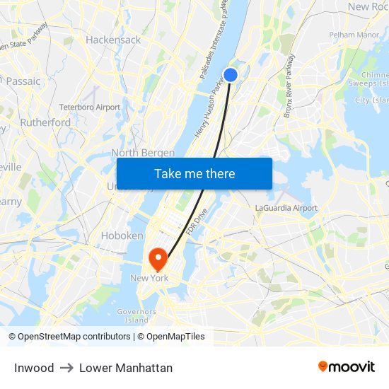 Inwood to Lower Manhattan map
