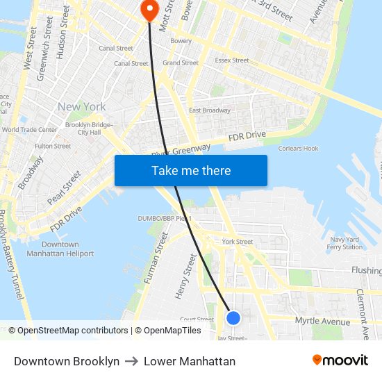 Downtown Brooklyn to Lower Manhattan map