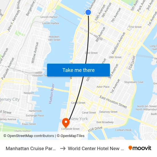 Manhattan Cruise Parking to World Center Hotel New York map