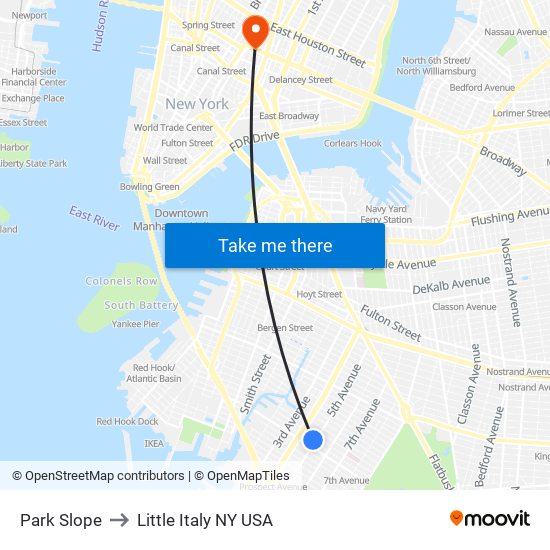 Park Slope to Little Italy NY USA map