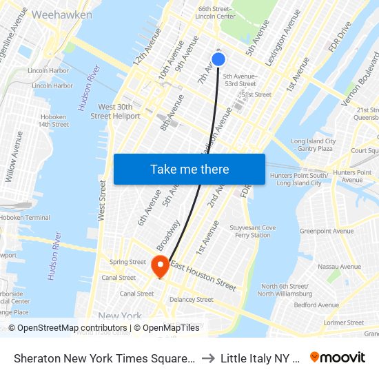 Sheraton New York Times Square Hotel to Little Italy NY USA map