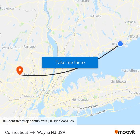 Connecticut to Wayne NJ USA map