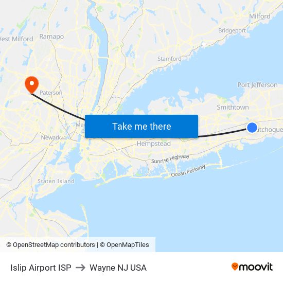 Islip Airport ISP to Wayne NJ USA map