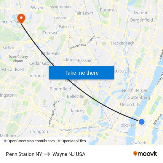 Penn Station NY to Wayne NJ USA map