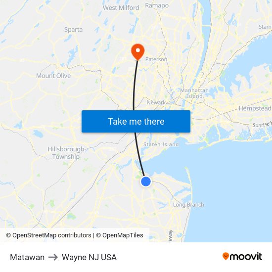 Matawan to Wayne NJ USA map