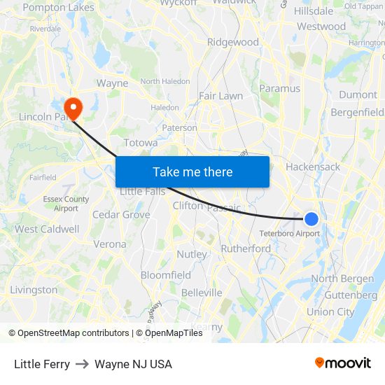 Little Ferry to Wayne NJ USA map