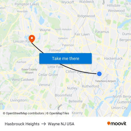 Hasbrouck Heights to Wayne NJ USA map