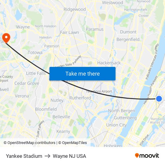 Yankee Stadium to Wayne NJ USA map