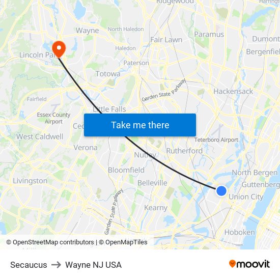 Secaucus to Wayne NJ USA map