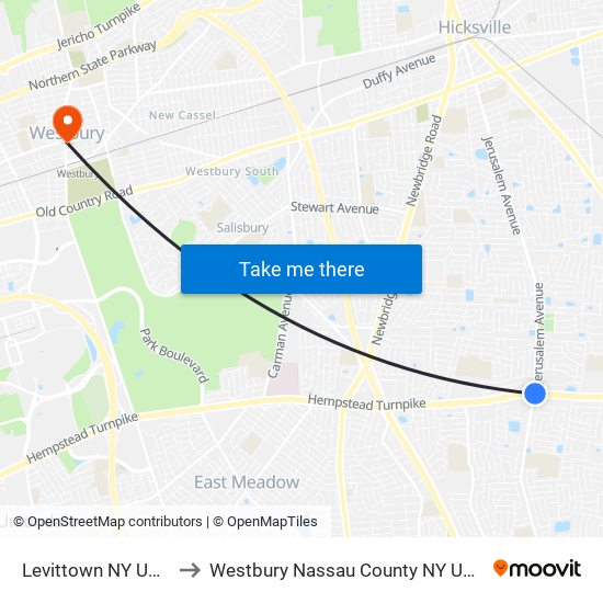 Levittown NY USA to Westbury Nassau County NY USA map