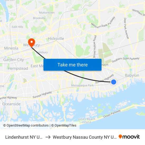 Lindenhurst NY USA to Westbury Nassau County NY USA map