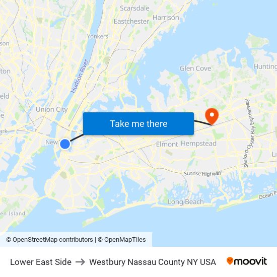 Lower East Side to Westbury Nassau County NY USA map