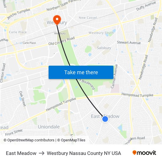 East Meadow to Westbury Nassau County NY USA map