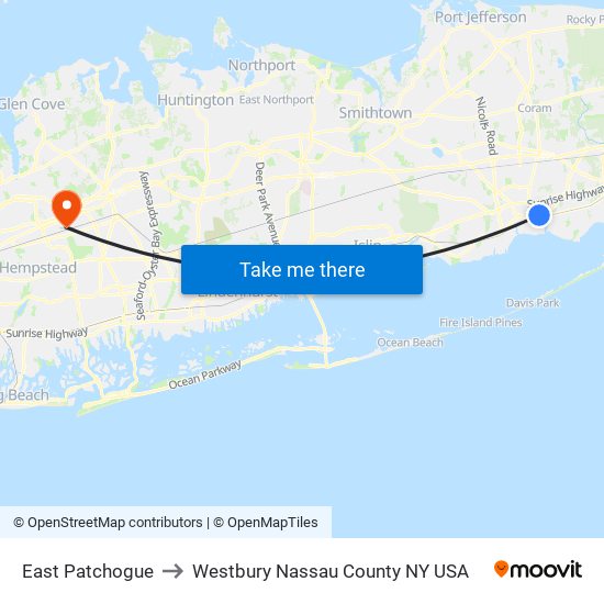 East Patchogue to Westbury Nassau County NY USA map