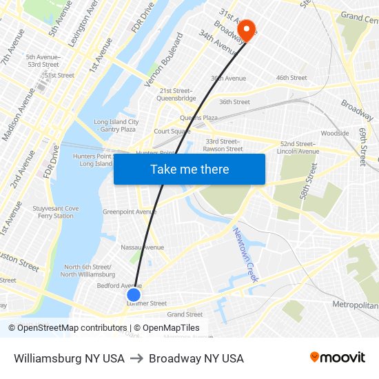 Williamsburg NY USA to Broadway NY USA map