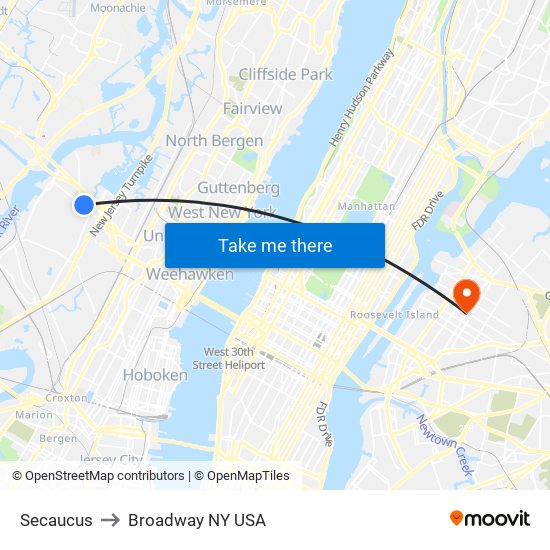 Secaucus to Broadway NY USA map