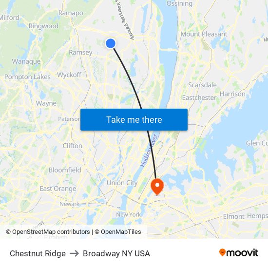 Chestnut Ridge to Broadway NY USA map