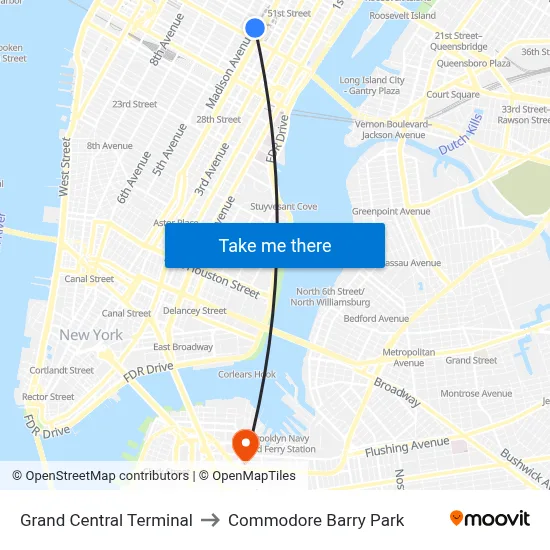 Grand Central Terminal to Commodore Barry Park map