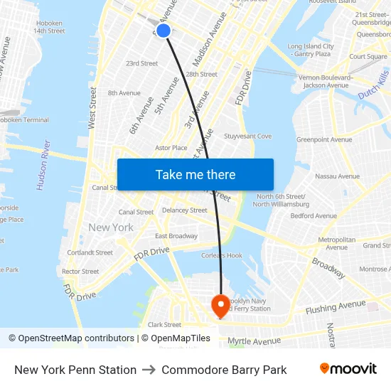 New York Penn Station to Commodore Barry Park map