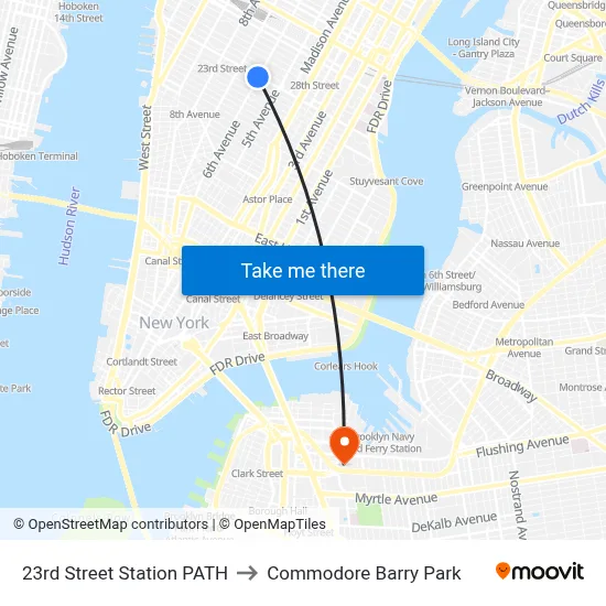23rd Street Station PATH to Commodore Barry Park map