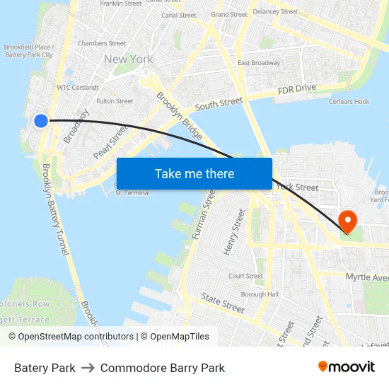 Batery Park to Commodore Barry Park map