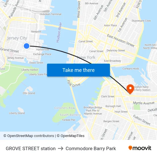 GROVE STREET station to Commodore Barry Park map