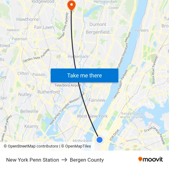 New York Penn Station to Bergen County map