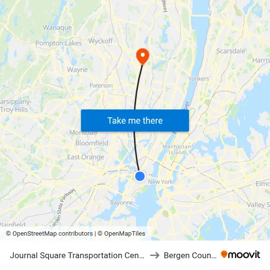 Journal Square Transportation Center to Bergen County map
