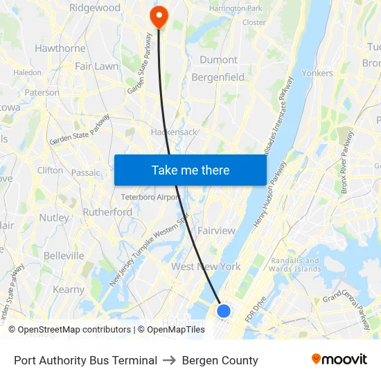 Port Authority Bus Terminal to Bergen County map