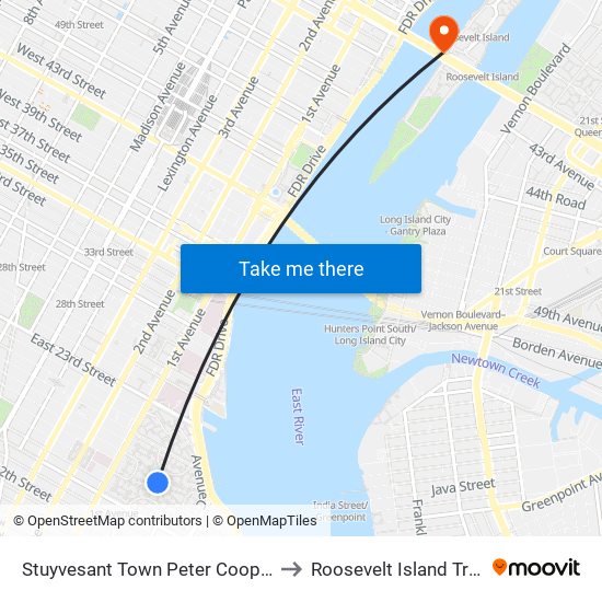 Stuyvesant Town Peter Cooper Village to Roosevelt Island Tramway map