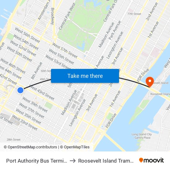 Port Authority Bus Terminal to Roosevelt Island Tramway map