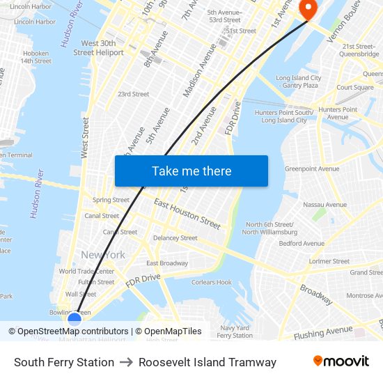 South Ferry Station, South Ferry Station, New York, NY 10004, USA to Roosevelt Island Tramway map